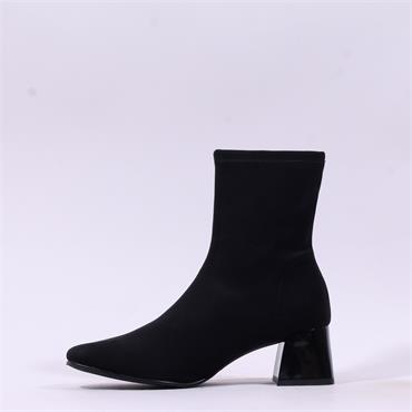 Miss Elastic Fax Block Heel Ankle Boot - Black Stretch